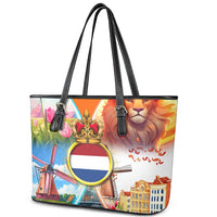 Dutch Lion Design Leather Tote Bag with Tulips Windmills Bicycles and Coat of Arms