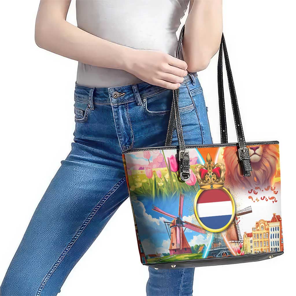 Dutch Lion Design Leather Tote Bag with Tulips Windmills Bicycles and Coat of Arms