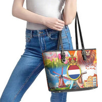 Dutch Lion Design Leather Tote Bag with Tulips Windmills Bicycles and Coat of Arms