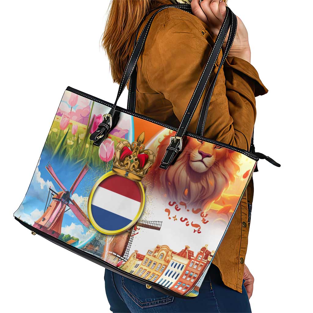 Dutch Lion Design Leather Tote Bag with Tulips Windmills Bicycles and Coat of Arms
