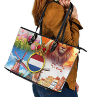 Dutch Lion Design Leather Tote Bag with Tulips Windmills Bicycles and Coat of Arms