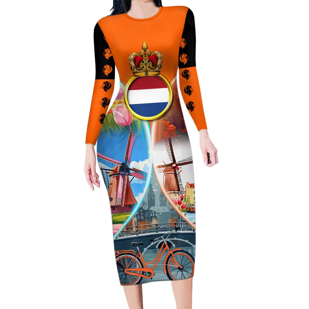 Dutch Lion Design Long Sleeve Bodycon Dress with Tulips Windmills Bicycles and Coat of Arms