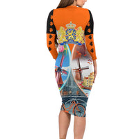 Dutch Lion Design Long Sleeve Bodycon Dress with Tulips Windmills Bicycles and Coat of Arms