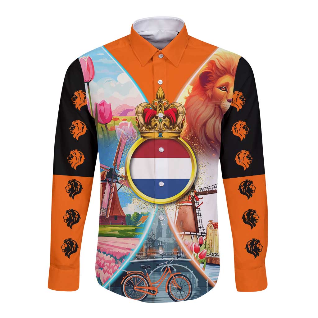Dutch Lion Design Long Sleeve Button Shirt with Tulips Windmills Bicycles and Coat of Arms
