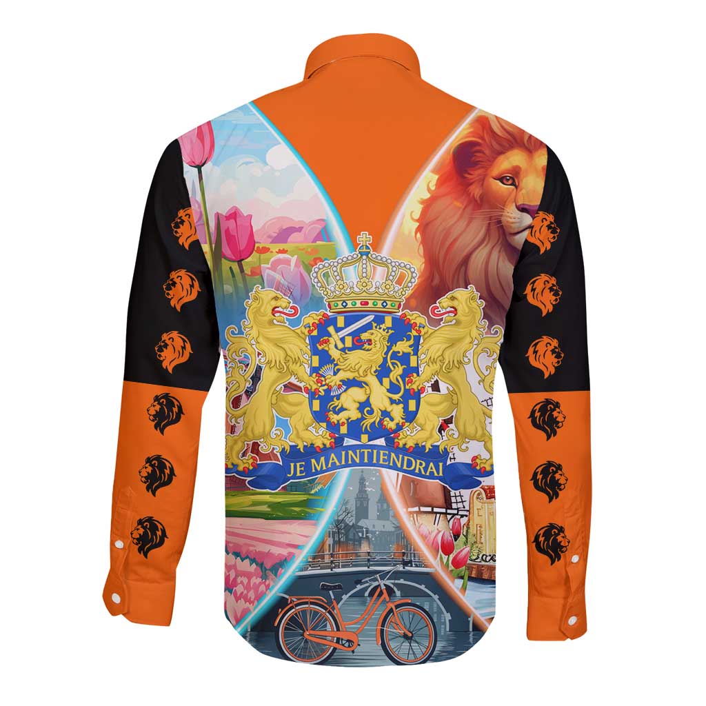 Dutch Lion Design Long Sleeve Button Shirt with Tulips Windmills Bicycles and Coat of Arms