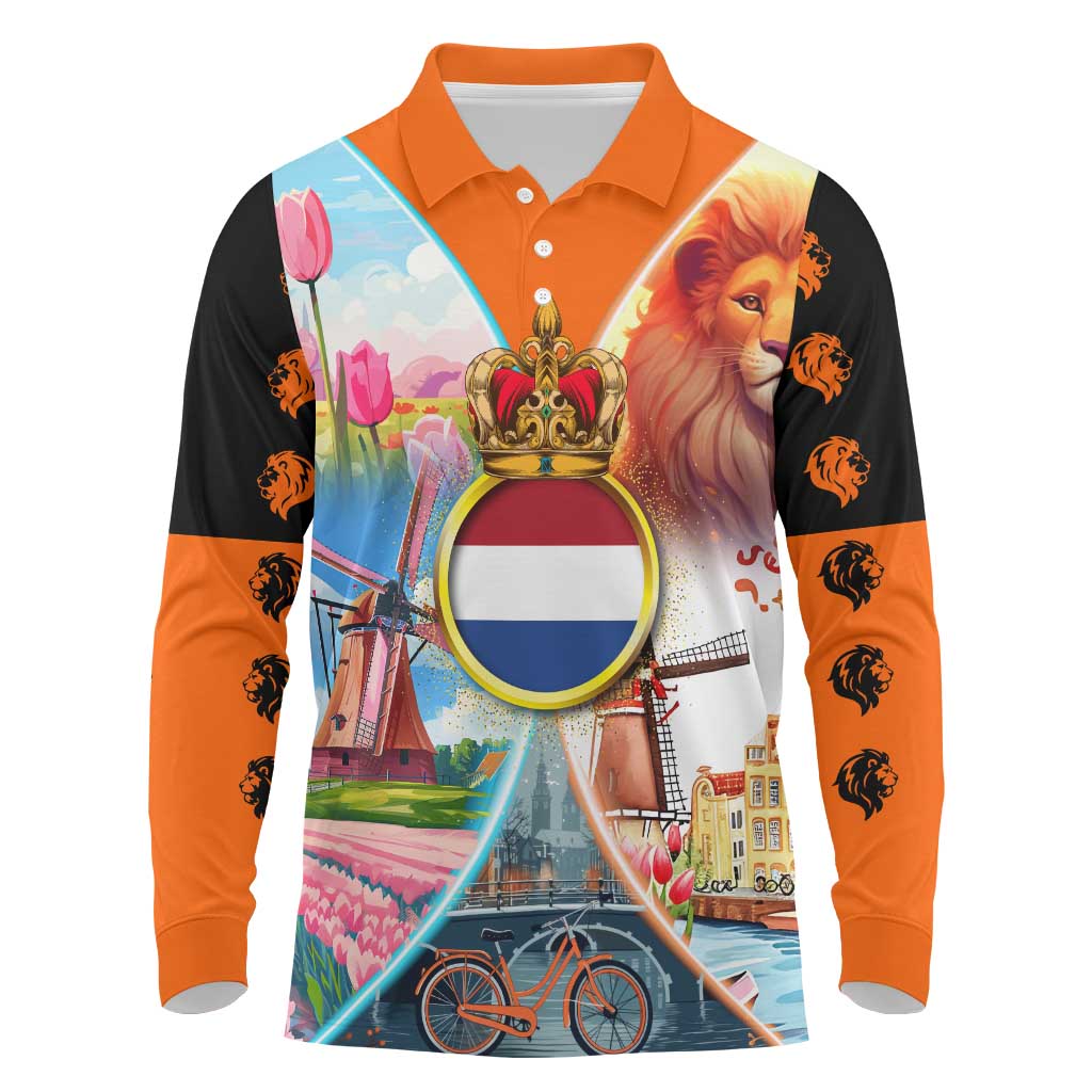 Dutch Lion Design Long Sleeve Polo Shirt with Tulips Windmills Bicycles and Coat of Arms