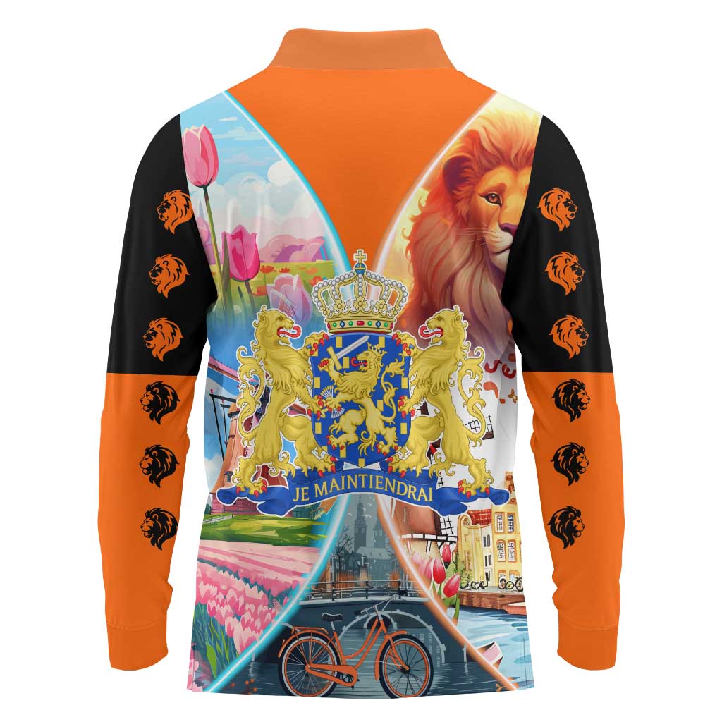 Dutch Lion Design Long Sleeve Polo Shirt with Tulips Windmills Bicycles and Coat of Arms