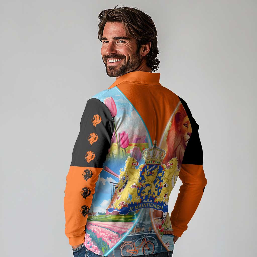 Dutch Lion Design Long Sleeve Polo Shirt with Tulips Windmills Bicycles and Coat of Arms