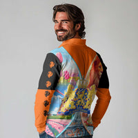 Dutch Lion Design Long Sleeve Polo Shirt with Tulips Windmills Bicycles and Coat of Arms