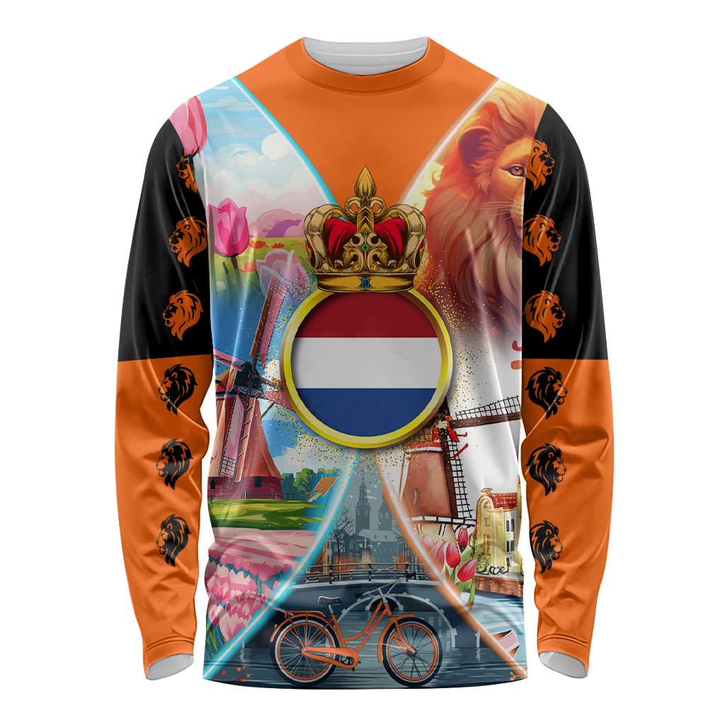 Dutch Lion Design Long Sleeve Shirt with Tulips Windmills Bicycles and Coat of Arms