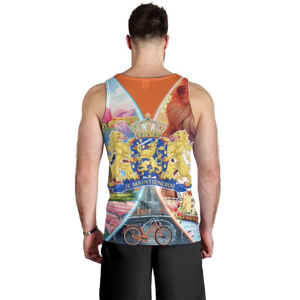 Dutch Lion Design Men Tank Top with Tulips Windmills Bicycles and Coat of Arms