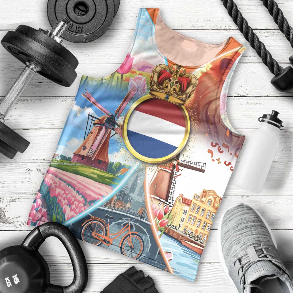 Dutch Lion Design Men Tank Top with Tulips Windmills Bicycles and Coat of Arms