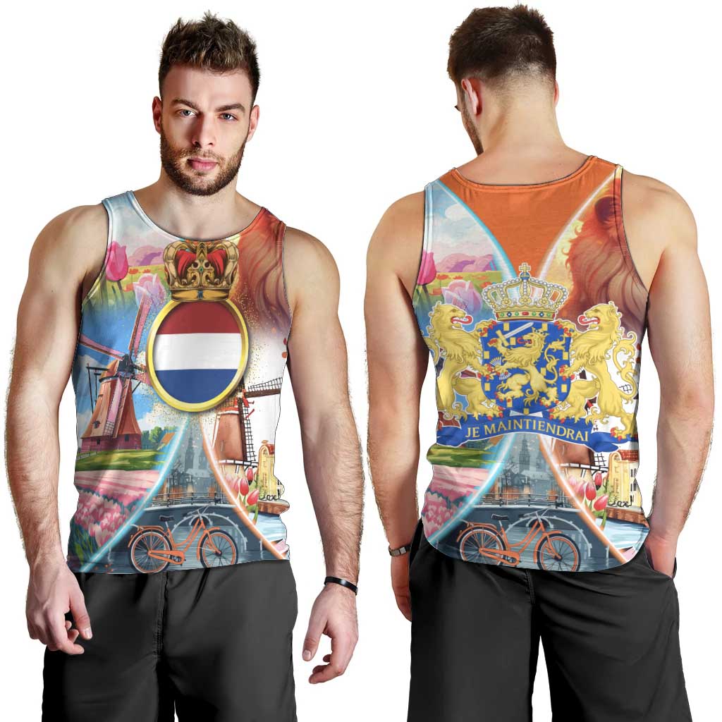 Dutch Lion Design Men Tank Top with Tulips Windmills Bicycles and Coat of Arms