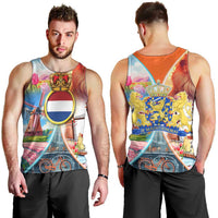 Dutch Lion Design Men Tank Top with Tulips Windmills Bicycles and Coat of Arms