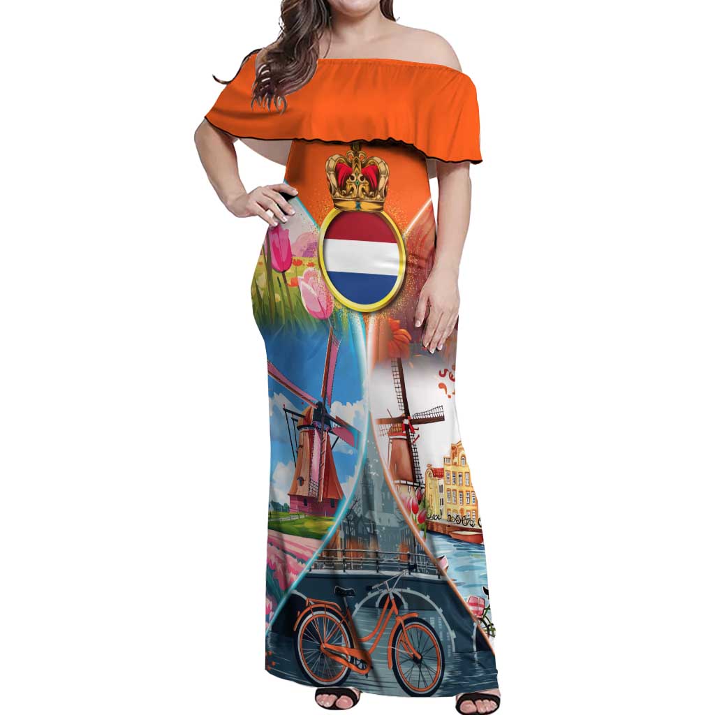 Dutch Lion Design Off Shoulder Maxi Dress with Tulips Windmills Bicycles and Coat of Arms