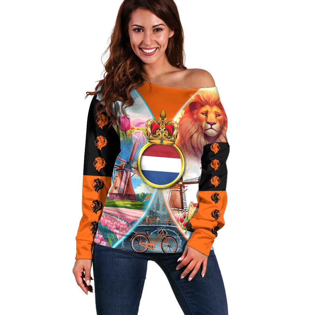 Dutch Lion Design Off Shoulder Sweater with Tulips Windmills Bicycles and Coat of Arms