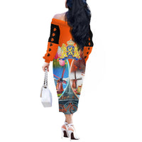 Dutch Lion Design Off The Shoulder Long Sleeve Dress with Tulips Windmills Bicycles and Coat of Arms