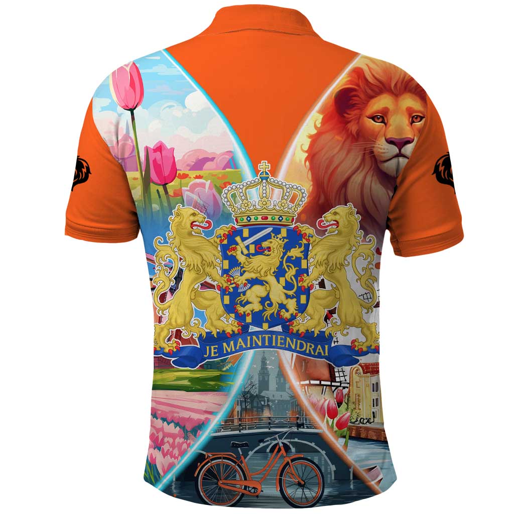 Dutch Lion Design Polo Shirt with Tulips Windmills Bicycles and Coat of Arms