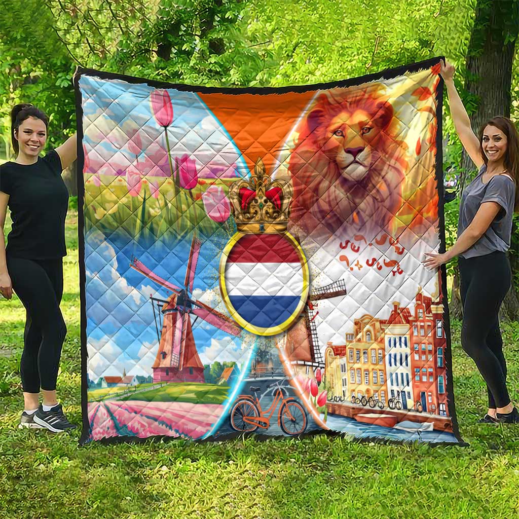 Dutch Lion Design Quilt with Tulips Windmills Bicycles and Coat of Arms