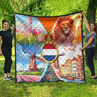 Dutch Lion Design Quilt with Tulips Windmills Bicycles and Coat of Arms