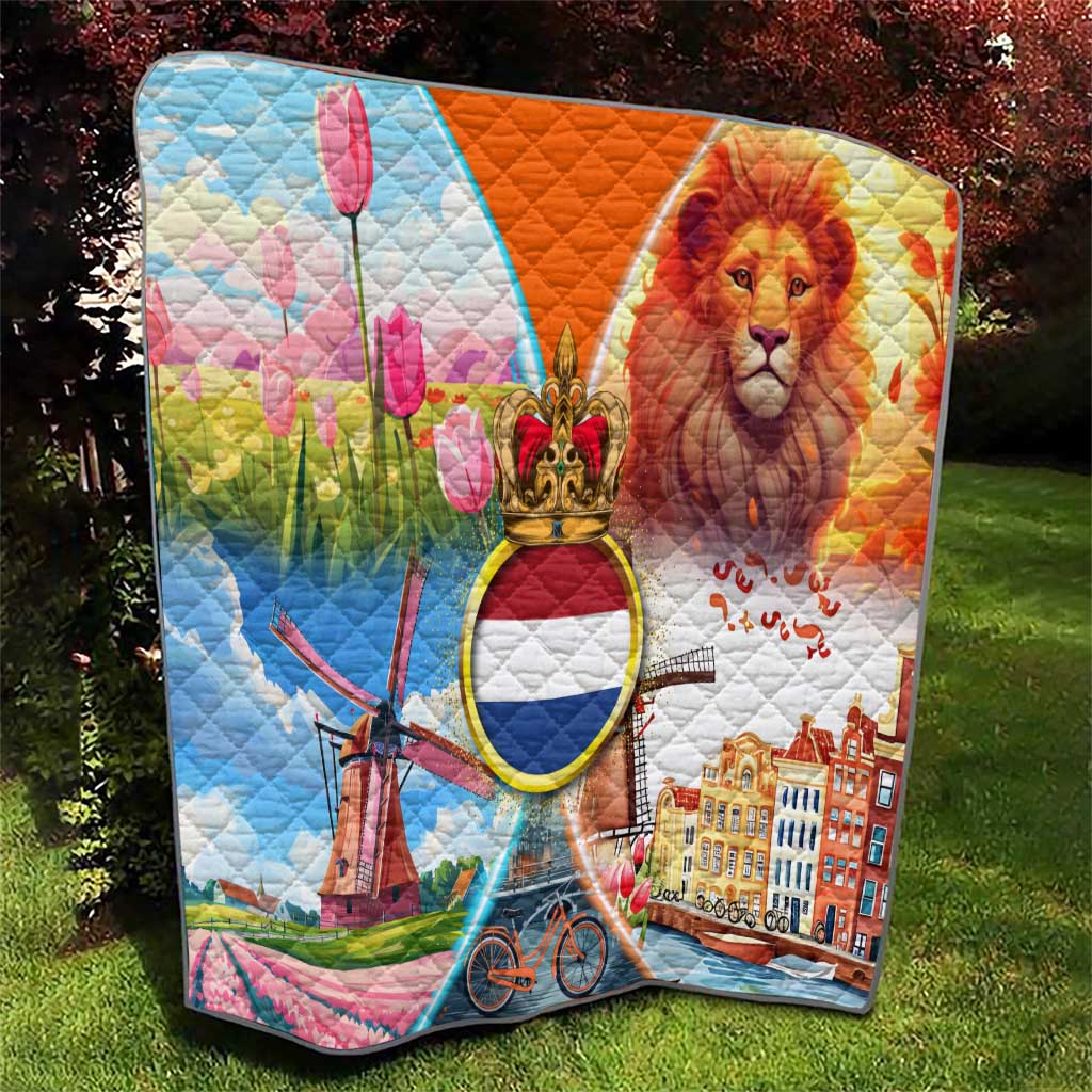 Dutch Lion Design Quilt with Tulips Windmills Bicycles and Coat of Arms