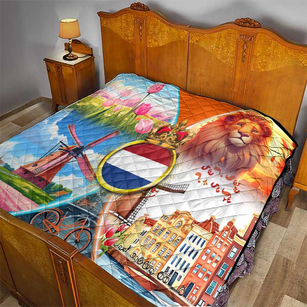 Dutch Lion Design Quilt with Tulips Windmills Bicycles and Coat of Arms