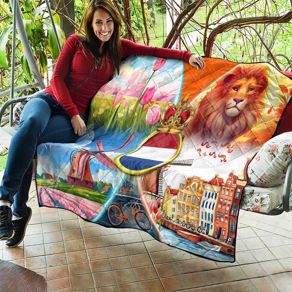 Dutch Lion Design Quilt with Tulips Windmills Bicycles and Coat of Arms