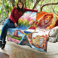 Dutch Lion Design Quilt with Tulips Windmills Bicycles and Coat of Arms