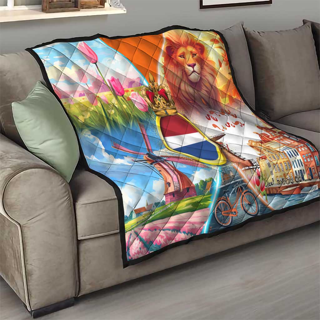 Dutch Lion Design Quilt with Tulips Windmills Bicycles and Coat of Arms