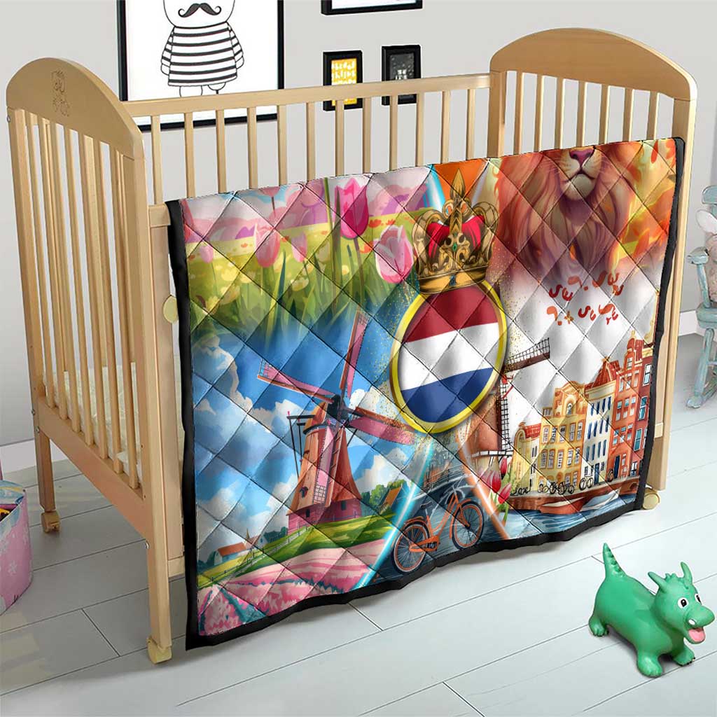 Dutch Lion Design Quilt with Tulips Windmills Bicycles and Coat of Arms
