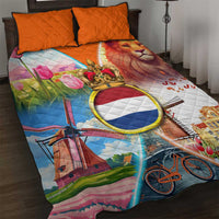 Dutch Lion Design Quilt Bed Set with Tulips Windmills Bicycles and Coat of Arms