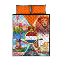 Dutch Lion Design Quilt Bed Set with Tulips Windmills Bicycles and Coat of Arms