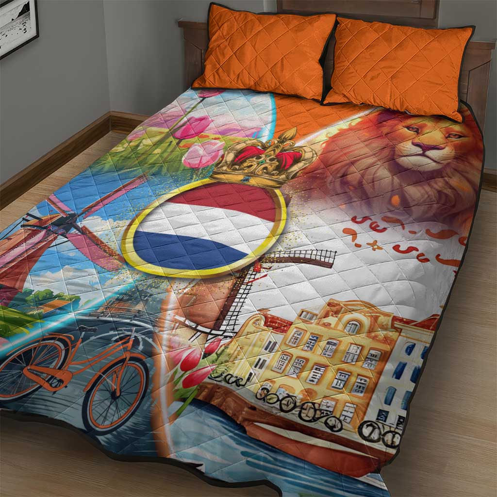 Dutch Lion Design Quilt Bed Set with Tulips Windmills Bicycles and Coat of Arms