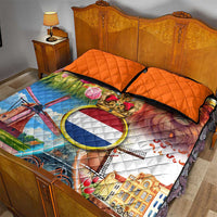Dutch Lion Design Quilt Bed Set with Tulips Windmills Bicycles and Coat of Arms