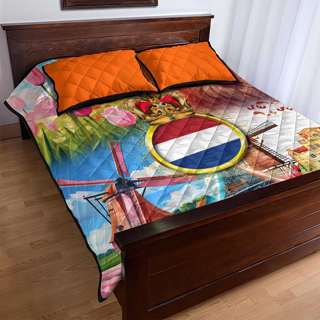 Dutch Lion Design Quilt Bed Set with Tulips Windmills Bicycles and Coat of Arms