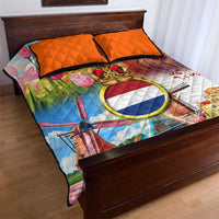 Dutch Lion Design Quilt Bed Set with Tulips Windmills Bicycles and Coat of Arms