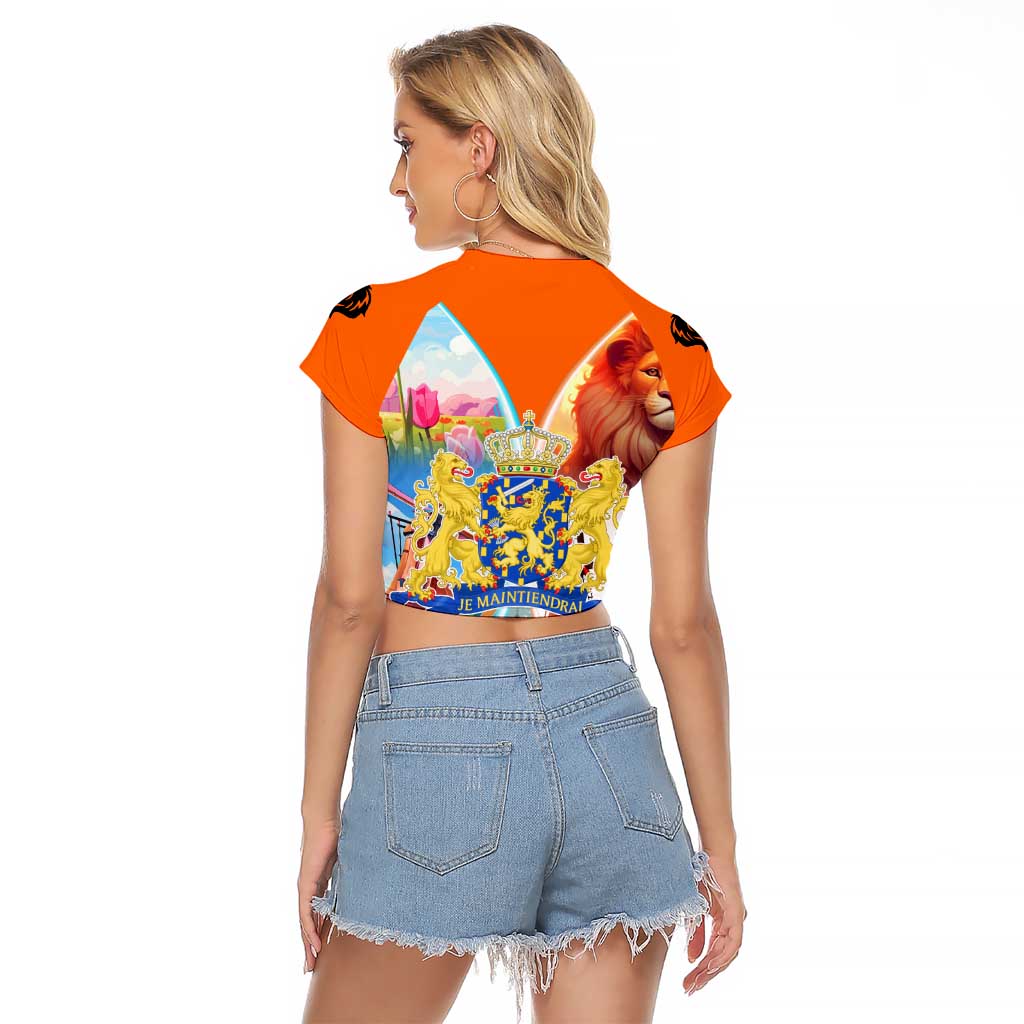 Dutch Lion Design Raglan Cropped T Shirt with Tulips Windmills Bicycles and Coat of Arms