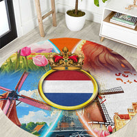 Dutch Lion Design Round Carpet with Tulips Windmills Bicycles and Coat of Arms
