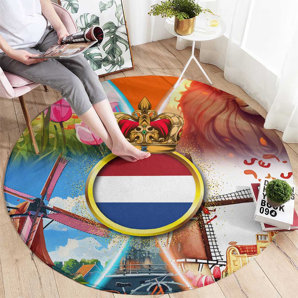 Dutch Lion Design Round Carpet with Tulips Windmills Bicycles and Coat of Arms