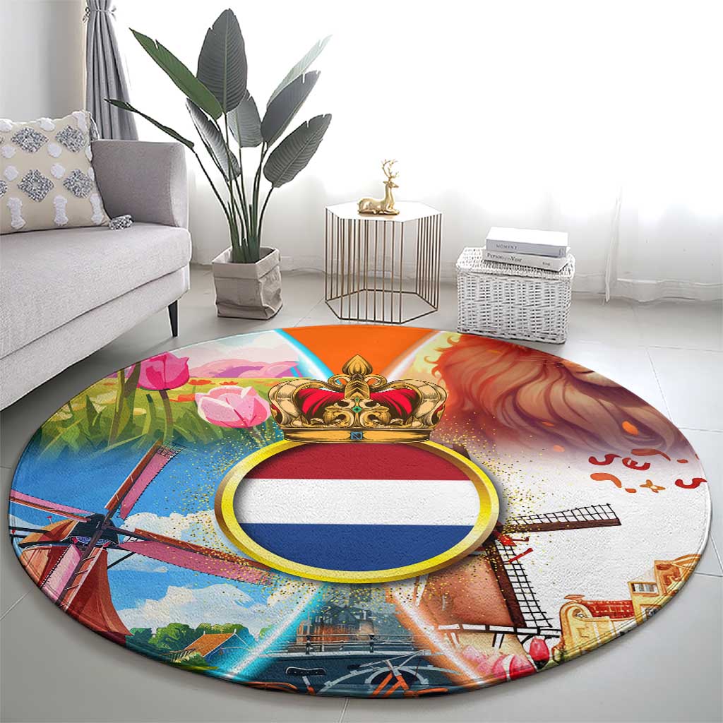 Dutch Lion Design Round Carpet with Tulips Windmills Bicycles and Coat of Arms