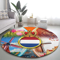 Dutch Lion Design Round Carpet with Tulips Windmills Bicycles and Coat of Arms