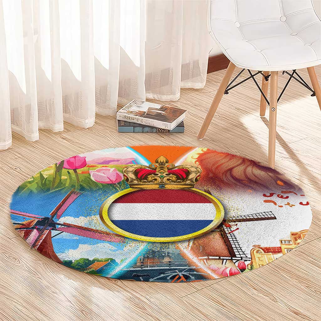 Dutch Lion Design Round Carpet with Tulips Windmills Bicycles and Coat of Arms