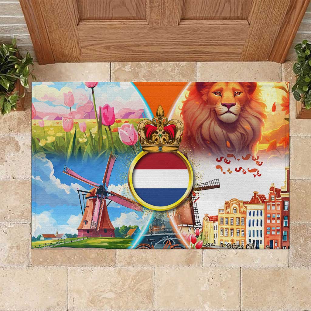 Dutch Lion Design Rubber Doormat with Tulips Windmills Bicycles and Coat of Arms