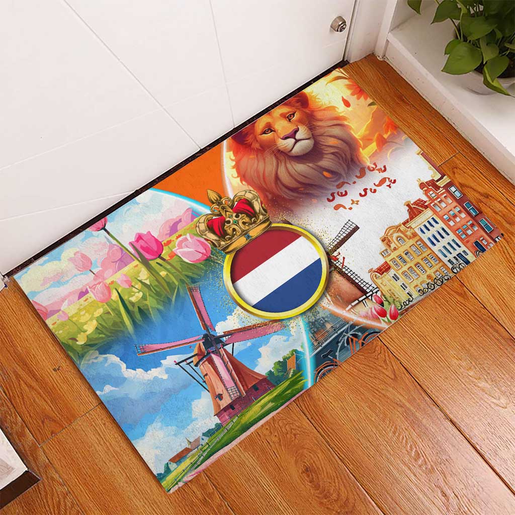 Dutch Lion Design Rubber Doormat with Tulips Windmills Bicycles and Coat of Arms