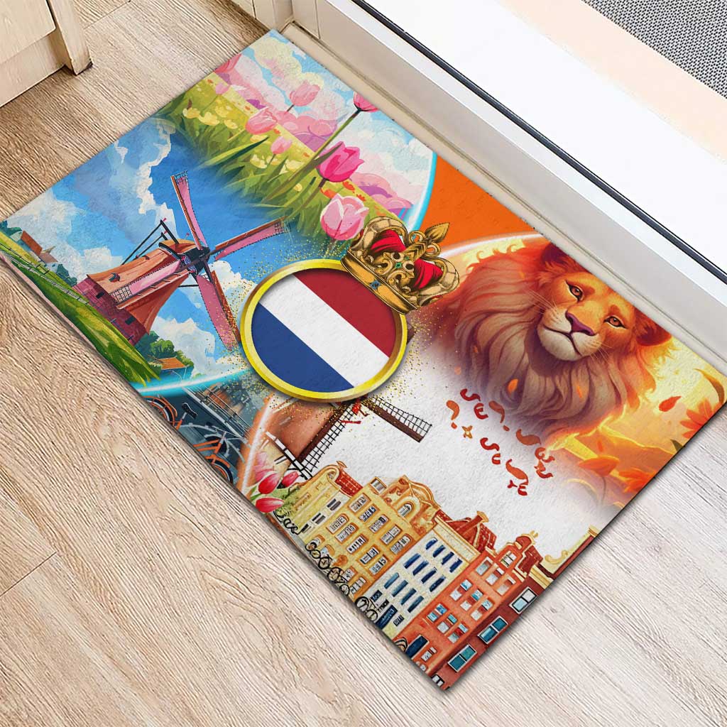 Dutch Lion Design Rubber Doormat with Tulips Windmills Bicycles and Coat of Arms