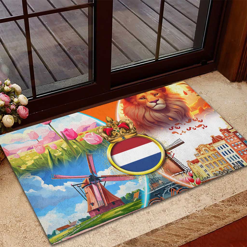 Dutch Lion Design Rubber Doormat with Tulips Windmills Bicycles and Coat of Arms