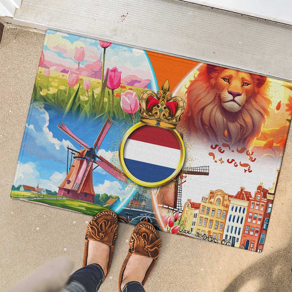 Dutch Lion Design Rubber Doormat with Tulips Windmills Bicycles and Coat of Arms