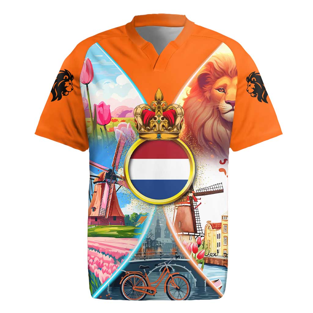 Dutch Lion Design Rugby Jersey with Tulips Windmills Bicycles and Coat of Arms