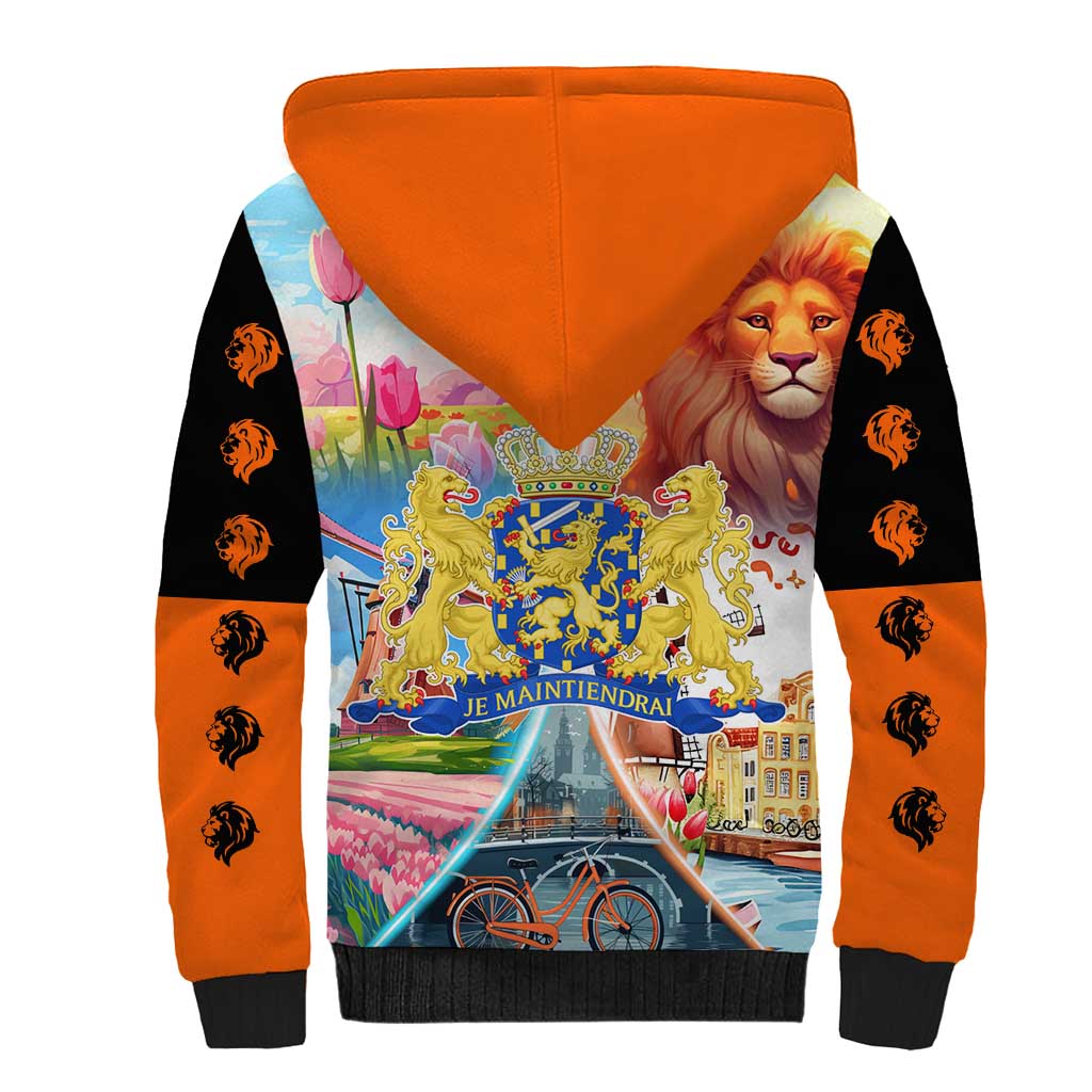 Dutch Lion Design Sherpa Hoodie with Tulips Windmills Bicycles and Coat of Arms