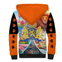 Dutch Lion Design Sherpa Hoodie with Tulips Windmills Bicycles and Coat of Arms